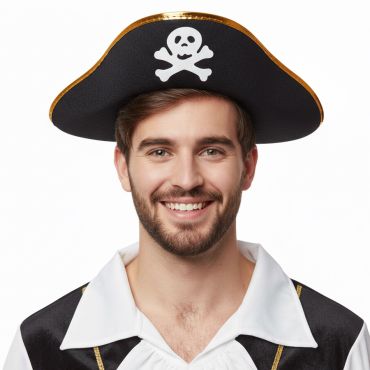 Chapeau pirate tricorne noir avec galon doré | jourdefete.com