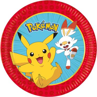 Assiettes Pokémon 23 cm avec Pikachu et Flambino sur fond rouge et bleu | jourdefete.com