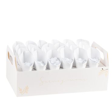 Présentoir de 24 cornets à confettis blanc et or pour cérémonie | jourdefete.com