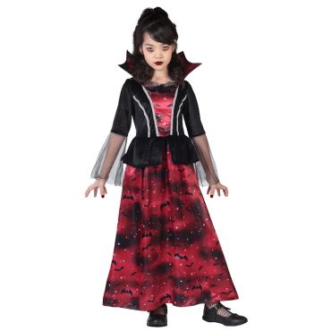 Longue robe de vampire gothique rouge et noire pour fille avec col montant pour la fête d'Halloween | jourdefete.com Longue robe de vampire gothique rouge et noire pour fille avec col montant pour la fête d'Halloween | jourdefete.com