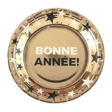 Assiettes "Bonne Année" Champagne dorées avec étoiles festives pour le Nouvel An Ø17,5 cm | jourdefete.com Assiettes "Bonne Année" Champagne dorées avec étoiles festives pour le Nouvel An Ø17,5 cm | jourdefete.com