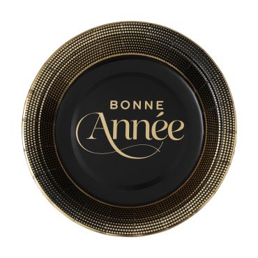 Assiettes rondes en carton jetable noire avec bordure dorée à points et message calligraphié "Bonne Année" au centre pour repas du Nouvel An | jourdefete.com Assiettes rondes en carton jetable noire avec bordure dorée à points et message calligraphié "Bonne Année" au centre pour repas du Nouvel An | jourdefete.com