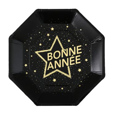 Assiettes jetables noires et dorées décorées "Bonne Année" pour table de réveillon | jourdefete.com Assiettes jetables noires et dorées décorées "Bonne Année" pour table de réveillon | jourdefete.com