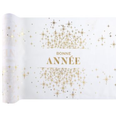 Chemin de table blanc avec étoiles dorées "Bonne Année" | jourdefete.com Chemin de table blanc avec étoiles dorées "Bonne Année" | jourdefete.com