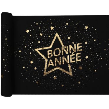 Chemin de table noir et doré Bonne Année sous les étoiles 5 mètres pour réveillon du Nouvel An | jourdefete.com Chemin de table noir et doré Bonne Année sous les étoiles 5 mètres pour réveillon du Nouvel An | jourdefete.com