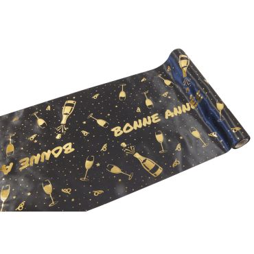 Chemin de table en satin noir et or "Bonne Année" 5 m pour déco de réveillon | jourdefete.com Chemin de table en satin noir et or "Bonne Année" 5 m pour déco de réveillon | jourdefete.com