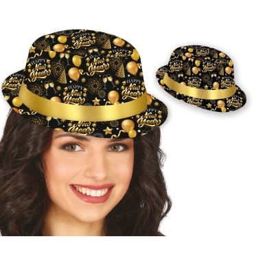 Chapeau Gangster Happy New Year noir et doré avec motifs festifs et ruban doré | jourdefete.com Chapeau Gangster Happy New Year noir et doré avec motifs festifs et ruban doré | jourdefete.com