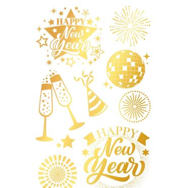 Feuille de tatouages éphémères dorés motifs Happy New Year | jourdefete.com Feuille de tatouages éphémères dorés motifs Happy New Year | jourdefete.com