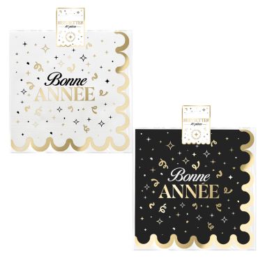 Lot de 10 serviettes en papier festonnées Bonne Année noir et blanc bordure or | jourdefete.com