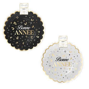 Lot de 6 assiettes rondes festonnées Bonne Année aux motifs dorés | jourdefete.com Lot de 6 assiettes rondes festonnées Bonne Année aux motifs dorés | jourdefete.com
