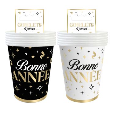 Lot de 6 gobelets en carton Bonne Année avec lettrage or | jourdefete.com