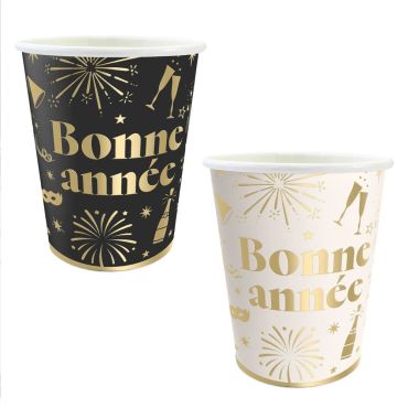 Gobelet Bonne Année Noir et Blanc avec Motifs Dorés pour un réveillon Chic