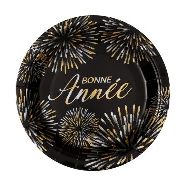Assiette en carton ronde Bonne Année noire et dorée motifs feux d'artifice réveillon | jourdefete.com Assiette en carton ronde Bonne Année noire et dorée motifs feux d'artifice réveillon | jourdefete.com