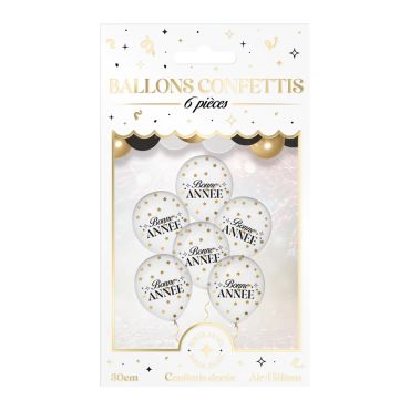 Sachet de 6 ballons transparents confettis dorés inscription Bonne Année 30 cm pour réveillon | jourdefete.com Sachet de 6 ballons transparents confettis dorés inscription Bonne Année 30 cm pour réveillon | jourdefete.com