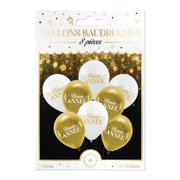 Sachet de 8 ballons de baudruche Bonne Année dorés et blancs 30 cm pour décoration de réveillon | jourdefete.com Sachet de 8 ballons de baudruche Bonne Année dorés et blancs 30 cm pour décoration de réveillon | jourdefete.com