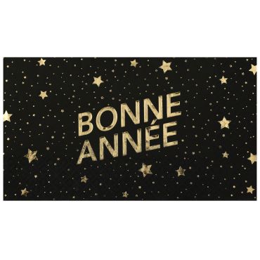 Lot de 10 serviettes jetables noires et dorées Bonne Année Sous les Étoiles pour table de réveillon | jourdefete.com Lot de 10 serviettes jetables noires et dorées Bonne Année Sous les Étoiles pour table de réveillon | jourdefete.com