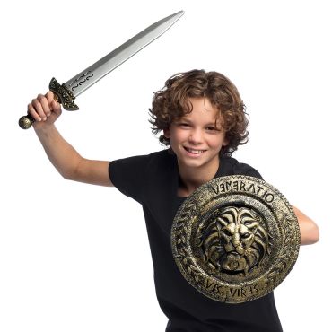 Ensemble bouclier tête de lion dorée et épée de gladiateur romain pour enfant | jourdefete.com
