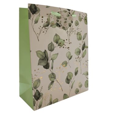 Sac cadeau motif eucalyptus vert et or avec poignées en ruban satin | jourdefete.com