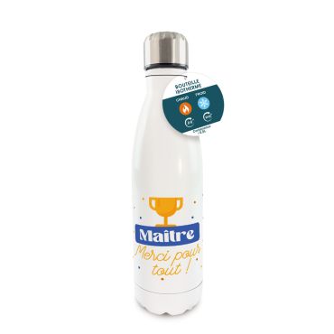Gourde isotherme "Maître, merci pour tout !" avec trophée jaune | jourdefete.com Gourde isotherme "Maître, merci pour tout !" avec trophée jaune | jourdefete.com