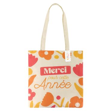 Sac cabas avec message "Merci pour cette Année" imprimé en orange et rouge sur fond fleuri | jourdefete.com