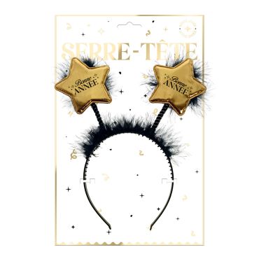 Serre-tête de fête avec étoiles dorées Bonne Année montées sur ressorts et plumes noires | jourdefete.com Serre-tête de fête avec étoiles dorées Bonne Année montées sur ressorts et plumes noires | jourdefete.com