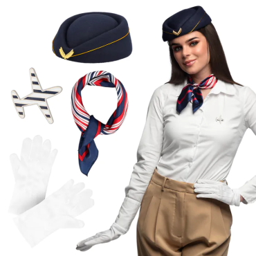 Set d'accessoires de déguisement d'hôtesse de l'air avec calot foulard gants et broche | jourdefete.com