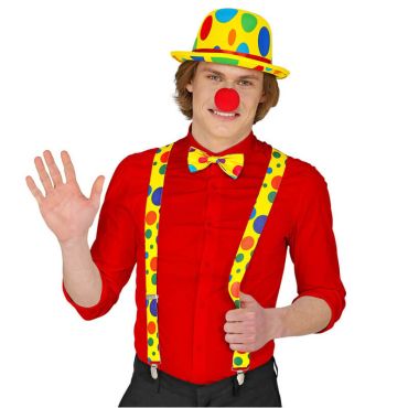 Un superbe kit d'accessoires de clown pour adulte comprenant des bretelles, un nez rouge et un nœud papillon | jourdefete.com Un superbe kit d'accessoires de clown pour adulte comprenant des bretelles, un nez rouge et un nœud papillon | jourdefete.com