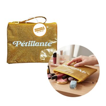 Trousse à paillettes dorée message Pétillante 15 x 20 cm | jourdefete.com