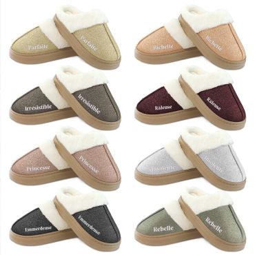 Chaussons femme dorés à paillettes avec message et fausse fourrure blanche | jourdefete.com