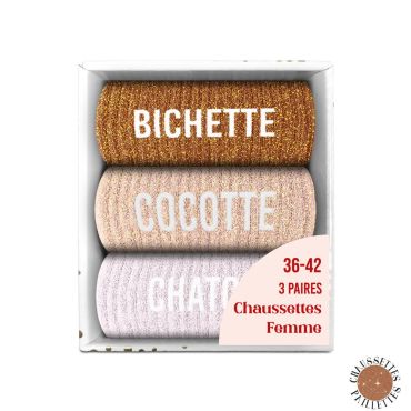 Coffret chaussettes paillettes femme Bichette Cocotte Chaton dorées et roses | jourdefete.com Coffret chaussettes paillettes femme Bichette Cocotte Chaton dorées et roses | jourdefete.com