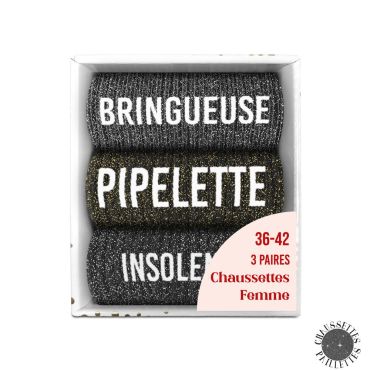 Coffret trio chaussettes femme pailletées Bringueuse, Pipelette, Insolente | jourdefete.com Coffret trio chaussettes femme pailletées Bringueuse, Pipelette, Insolente | jourdefete.com