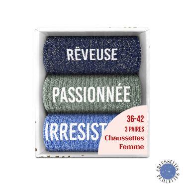 Coffret trio chaussettes paillettes Rêveuse Passionnée Irrésistible pour femme | jourdefete.com Coffret trio chaussettes paillettes Rêveuse Passionnée Irrésistible pour femme | jourdefete.com