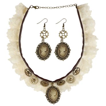 Ensemble de bijoux Steampunk comprenant un collier ras-de-cou en dentelle avec engrenages et des boucles d'oreilles camée | jourdefete.com Ensemble de bijoux Steampunk comprenant un collier ras-de-cou en dentelle avec engrenages et des boucles d'oreilles camée | jourdefete.com