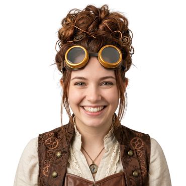 Femme souriante portant des lunettes rétro-punk dorées sur ses cheveux coiffés avec des engrenages | jourdefete.com