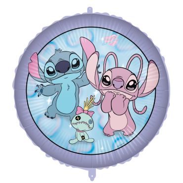 Ballon aluminium rond violet et bleu illustrant Stitch, Angel et la poupée Souillon pour décoration d'anniversaire fille | jourdefete.com