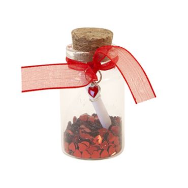 Petit pot en verre avec message et petits cœurs rouges décor romantique Saint-Valentin | jourdefete.com