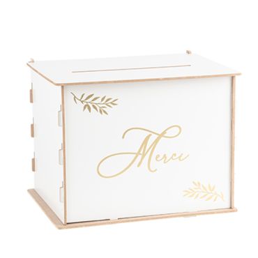 Urne en bois blanc et doré élégante avec inscription "Merci" | jourdefete.com Urne en bois blanc et doré élégante avec inscription "Merci" | jourdefete.com