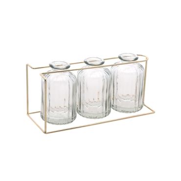 3 vases en verre transparent dans support métal