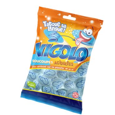 Bonbons soucoupes acidulées avec tatouage langue Vigolo bleus | jourdefete.com Bonbons soucoupes acidulées avec tatouage langue Vigolo bleus | jourdefete.com