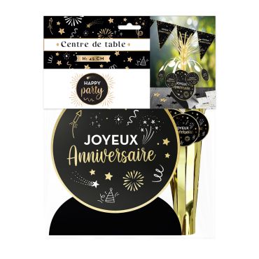 Centre de table noir et doré "Joyeux Anniversaire" pour fêtes élégantes | jourdefete.com Centre de table noir et doré "Joyeux Anniversaire" pour fêtes élégantes | jourdefete.com