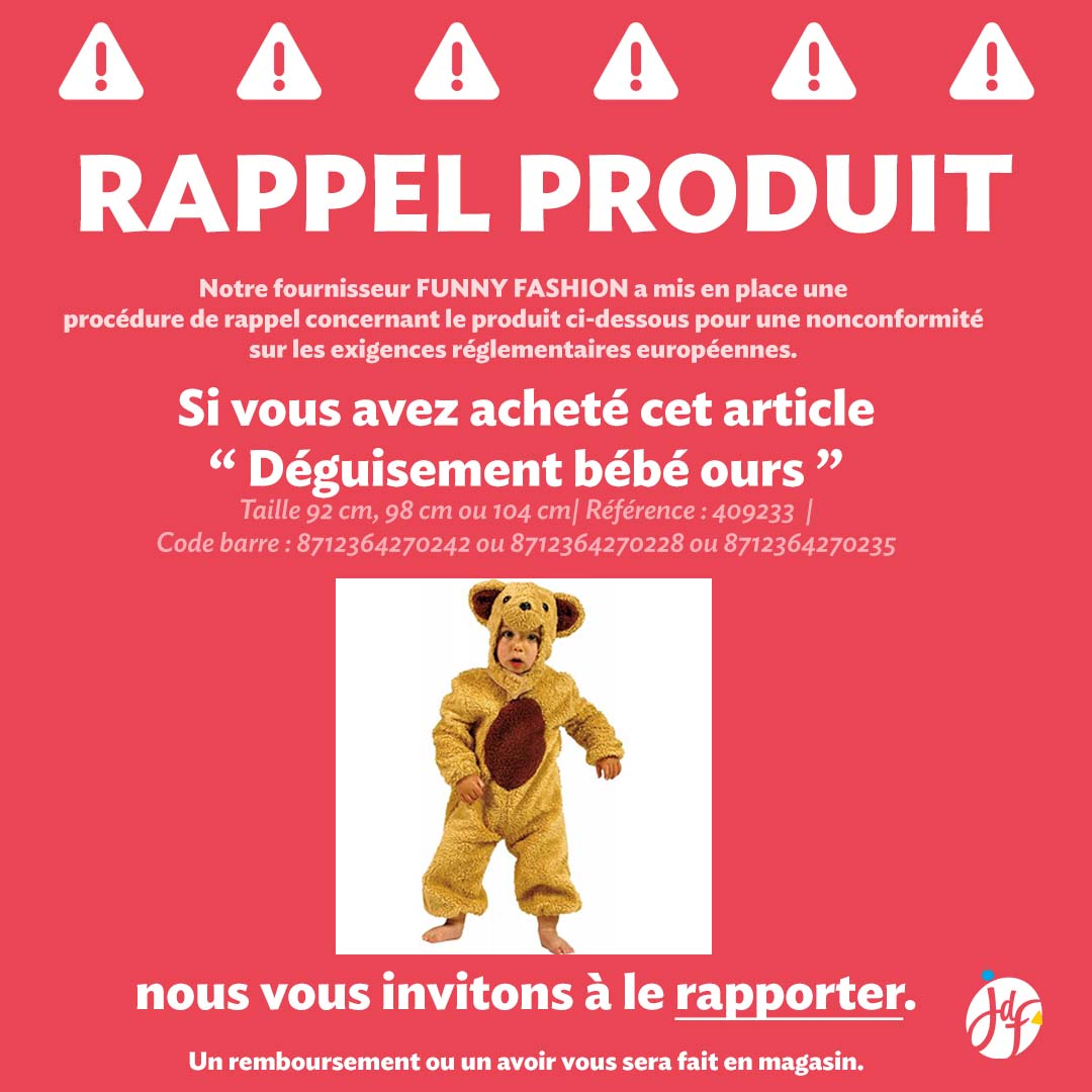 Rappel produit déguisement bébé ours